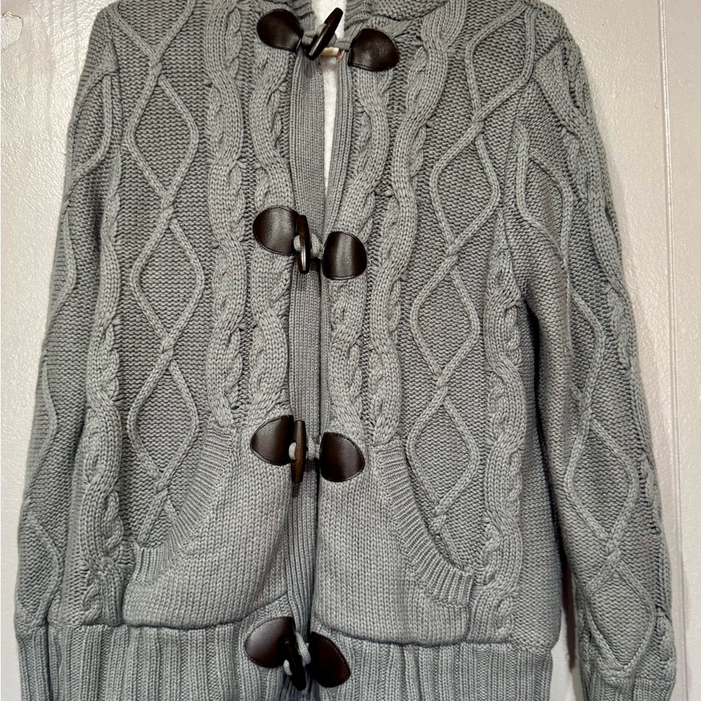 Gray Cable Knit Sweater with Toggle Closures
